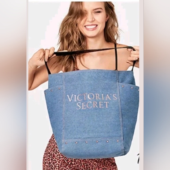 Victoria's Secret Handbags - NWT Victoria's Secret Logo Denim Carryall Tote Bag Blue Studded